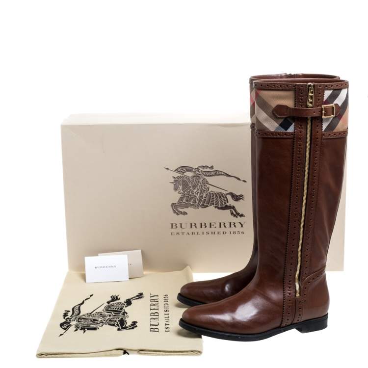 Pre Owned Burberry Brown Leather and Nova Check Canvas Bridle Brogue Knee High Boots Size 39