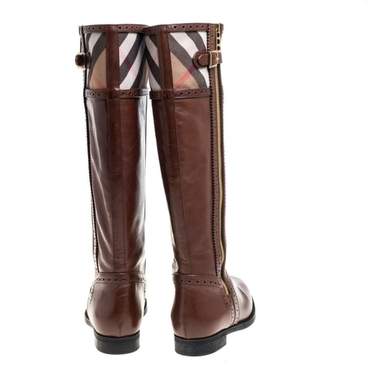Pre Owned Burberry Brown Leather and Nova Check Canvas Bridle Brogue Knee High Boots Size 39