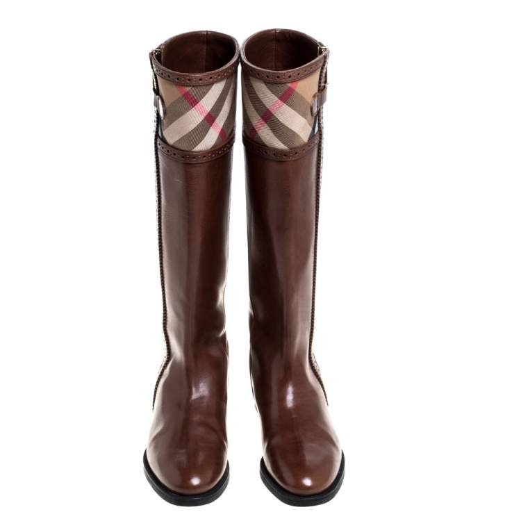 Pre Owned Burberry Brown Leather and Nova Check Canvas Bridle Brogue Knee High Boots Size 39