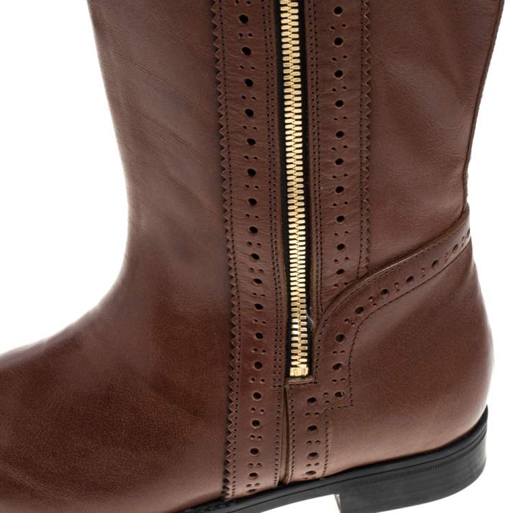 Pre Owned Burberry Brown Leather and Nova Check Canvas Bridle Brogue Knee High Boots Size 39