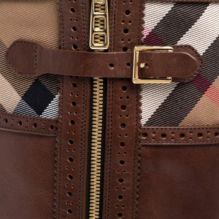 Pre Owned Burberry Brown Leather and Nova Check Canvas Bridle Brogue Knee High Boots Size 39