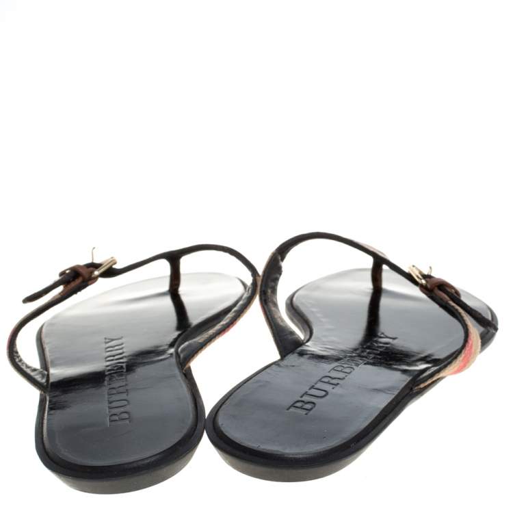 Pre Owned Burberry Brown Leather And Canvas Masie Thong Flats Size 37