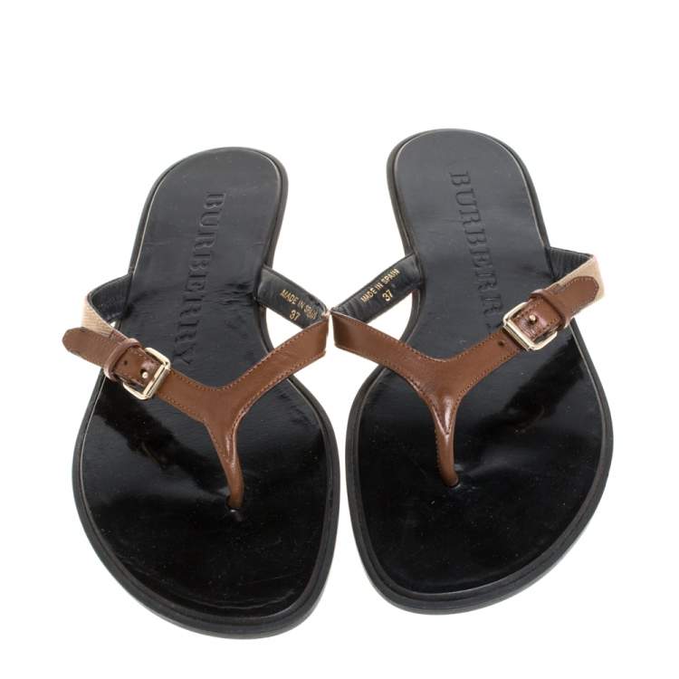 Pre Owned Burberry Brown Leather And Canvas Masie Thong Flats Size 37