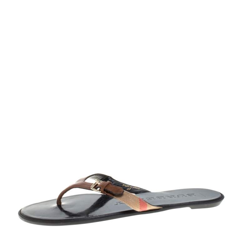 Pre Owned Burberry Brown Leather And Canvas Masie Thong Flats Size 37