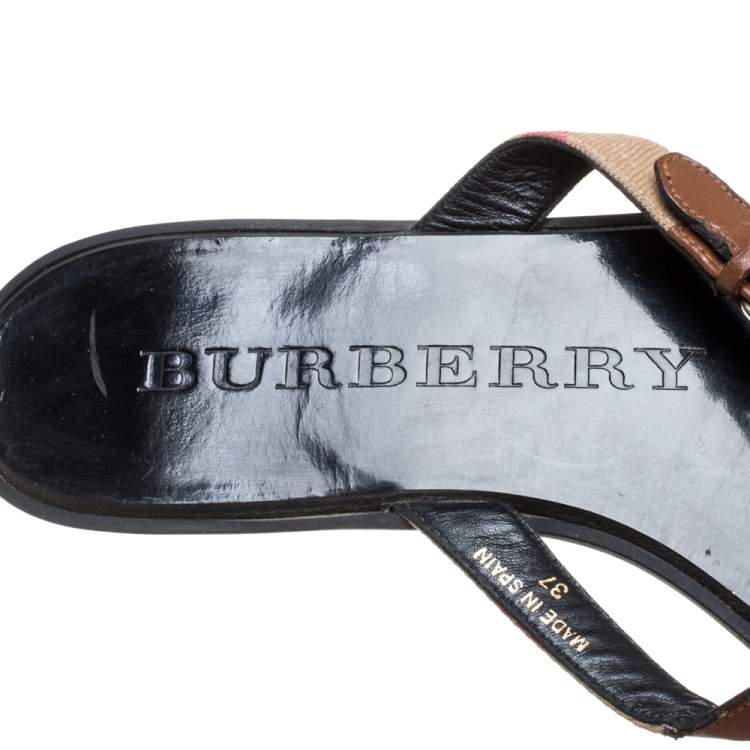 Pre Owned Burberry Brown Leather And Canvas Masie Thong Flats Size 37