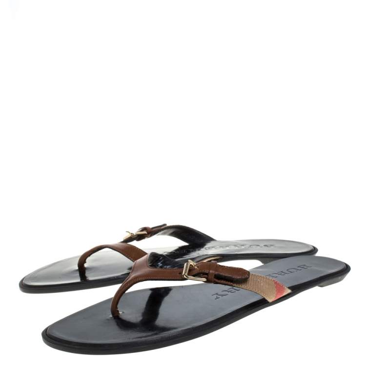 Pre Owned Burberry Brown Leather And Canvas Masie Thong Flats Size 37