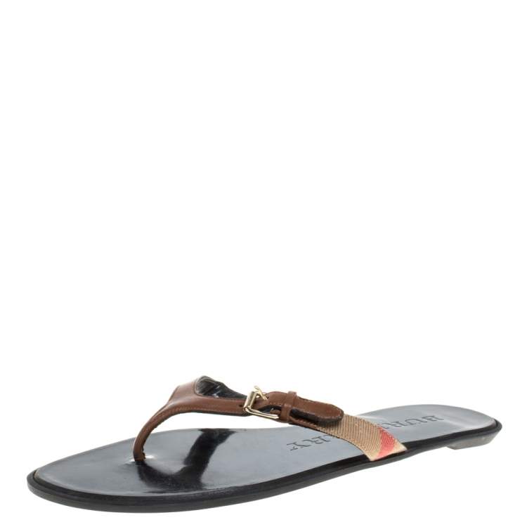 Pre Owned Burberry Brown Leather And Canvas Masie Thong Flats Size 37