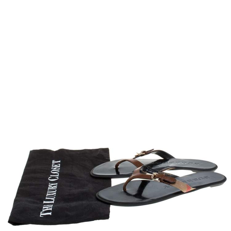 Pre Owned Burberry Brown Leather And Canvas Masie Thong Flats Size 37