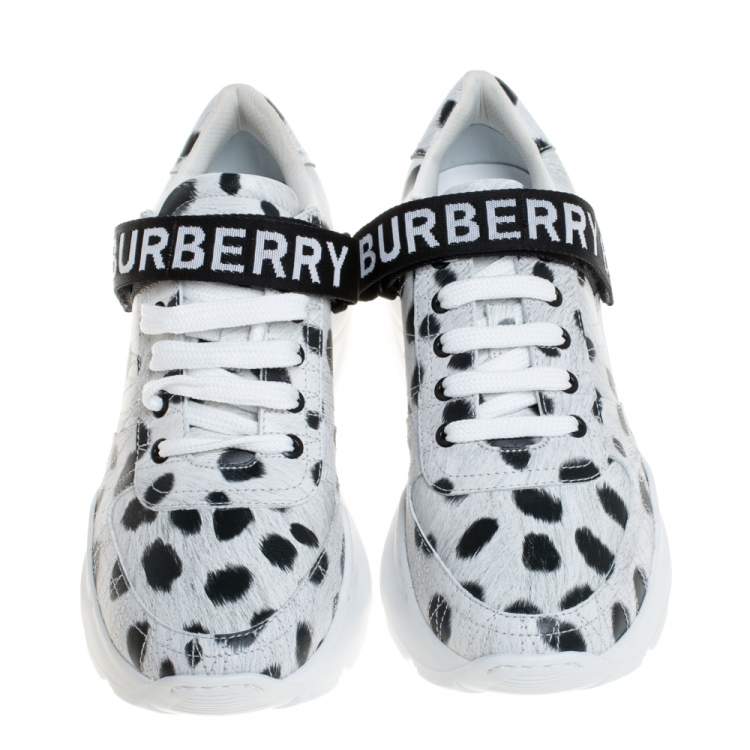 Pre Owned Burberry White/Black Cheetah Print Leather Ronnie Sneakers Size 40.5