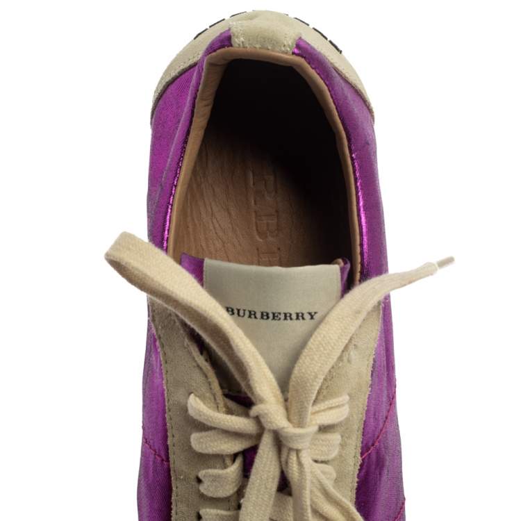 Pre Owned Burberry Purple/Grey Fabric And Suede Leather Trim Low Top Sneakers Size 39