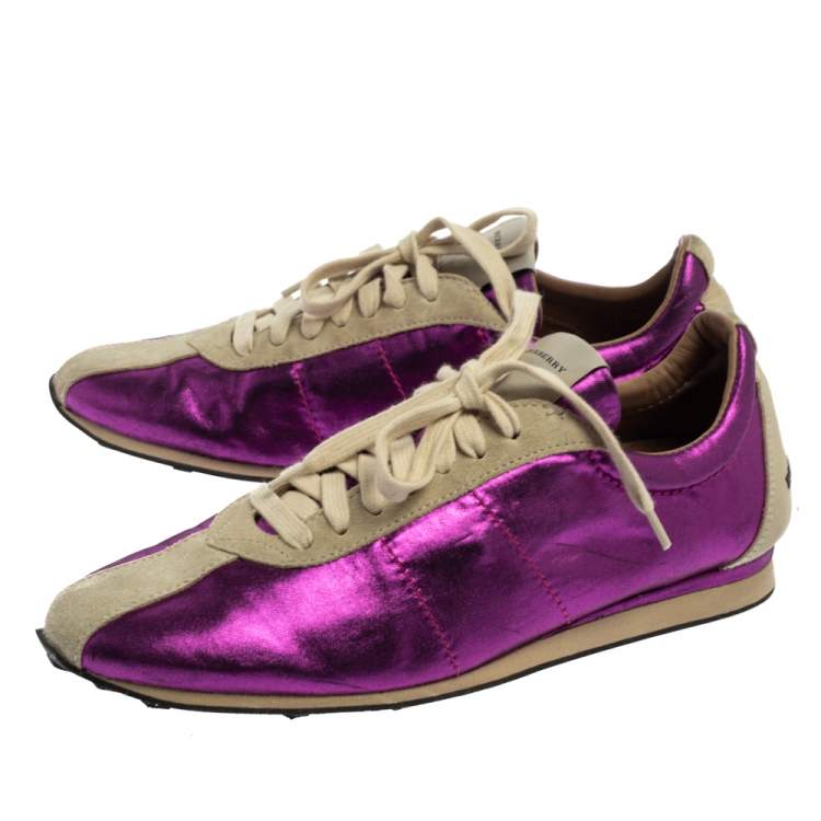 Pre Owned Burberry Purple/Grey Fabric And Suede Leather Trim Low Top Sneakers Size 39