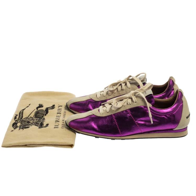Pre Owned Burberry Purple/Grey Fabric And Suede Leather Trim Low Top Sneakers Size 39