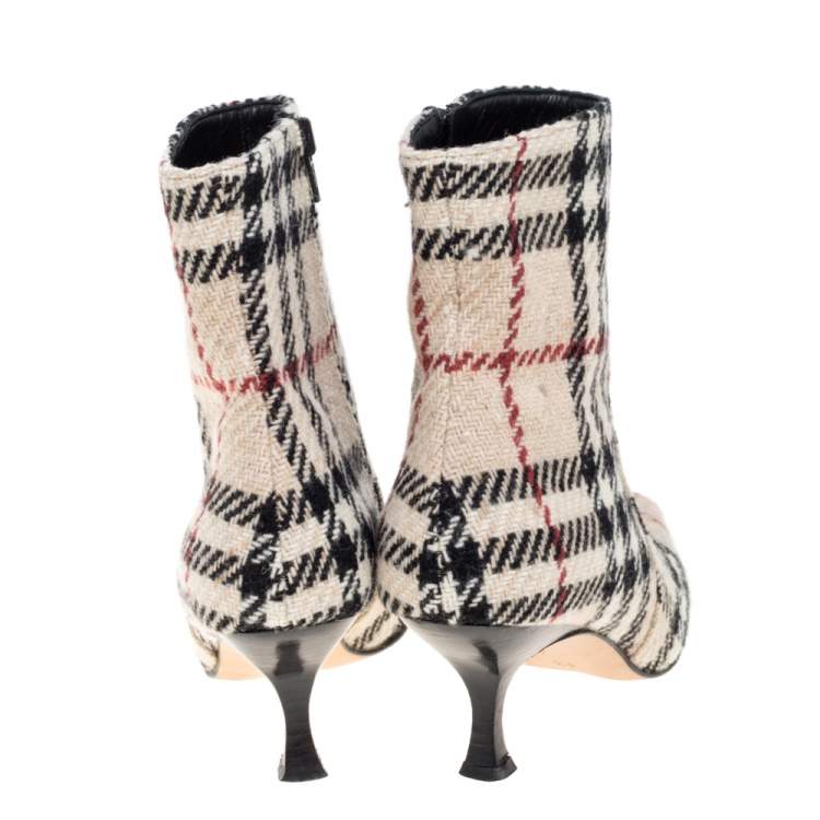 Pre Owned Burberry Beige Nova Check Tweed Fabric Ankle Booties Size 37.5
