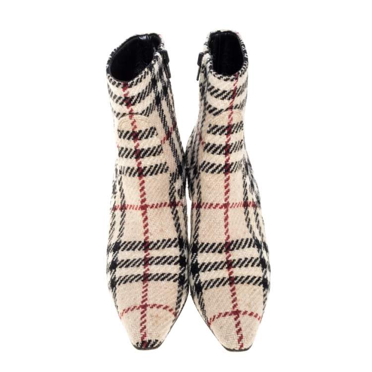 Pre Owned Burberry Beige Nova Check Tweed Fabric Ankle Booties Size 37.5