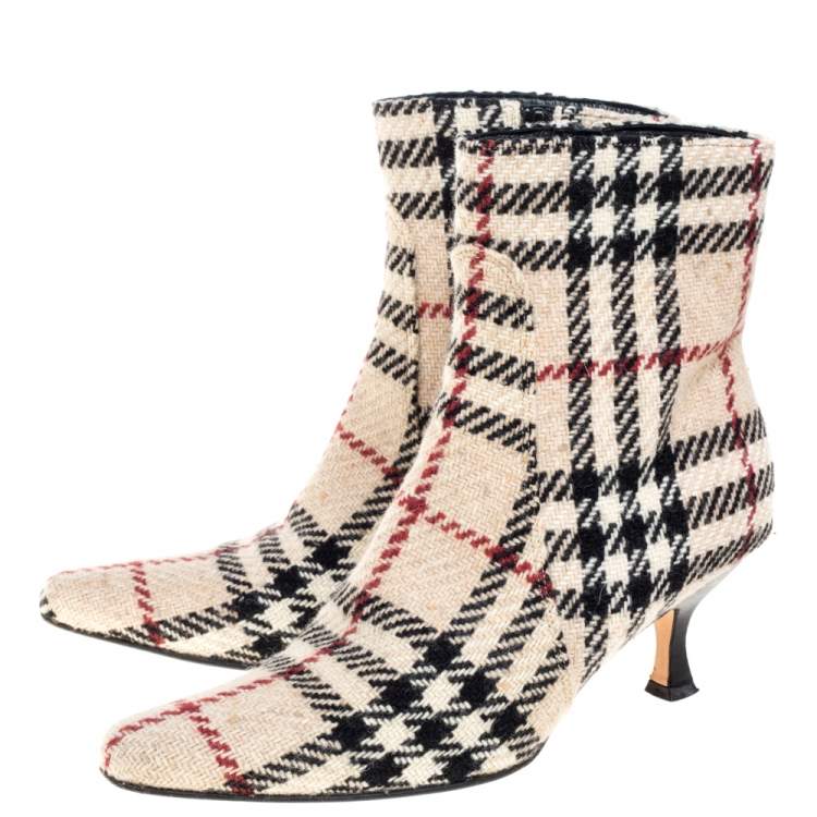Pre Owned Burberry Beige Nova Check Tweed Fabric Ankle Booties Size 37.5