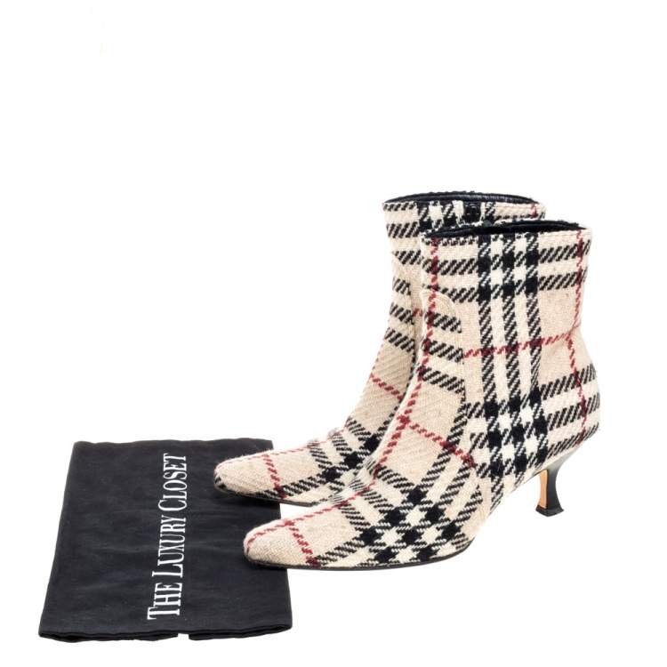 Pre Owned Burberry Beige Nova Check Tweed Fabric Ankle Booties Size 37.5