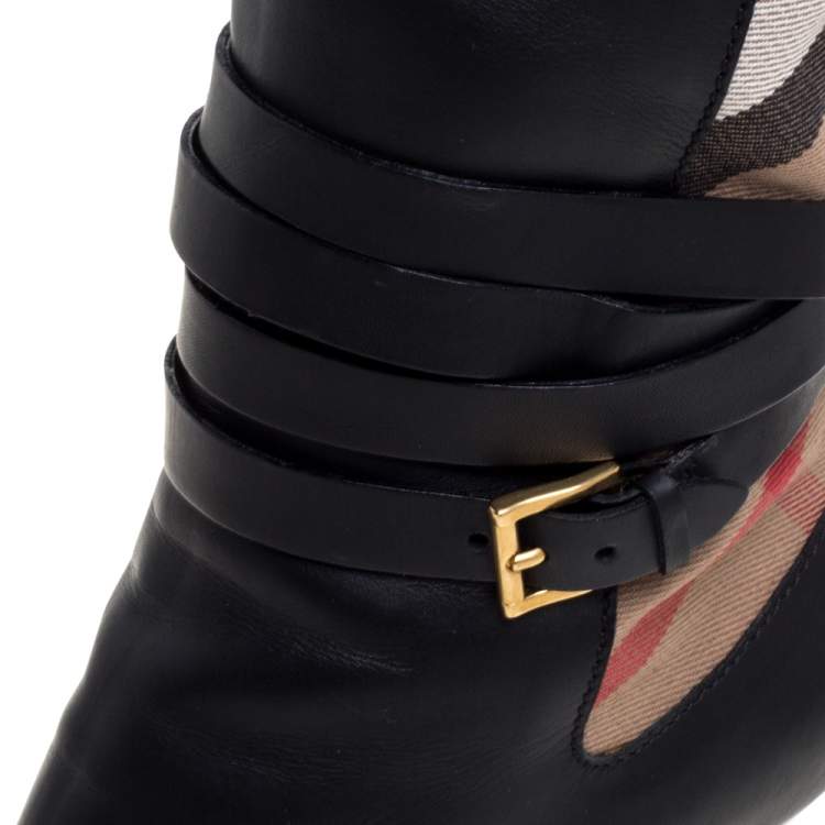 Pre Owned Burberry Black Leather and Novacheck Canvas Bridle Knee Boots Size 40