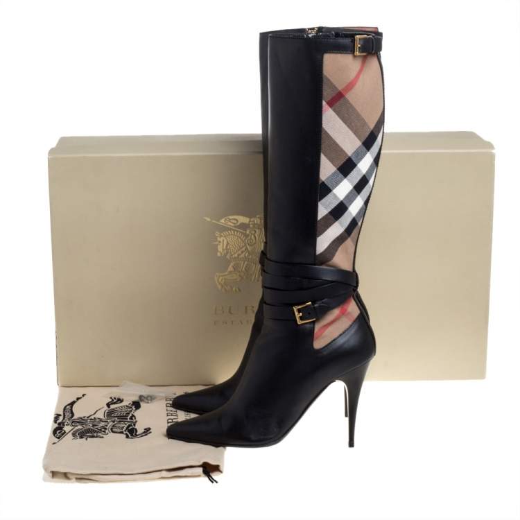 Pre Owned Burberry Black Leather and Novacheck Canvas Bridle Knee Boots Size 40