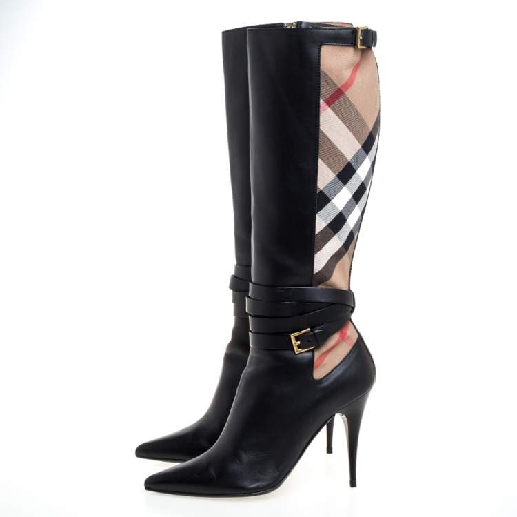 Pre Owned Burberry Black Leather and Novacheck Canvas Bridle Knee Boots Size 40
