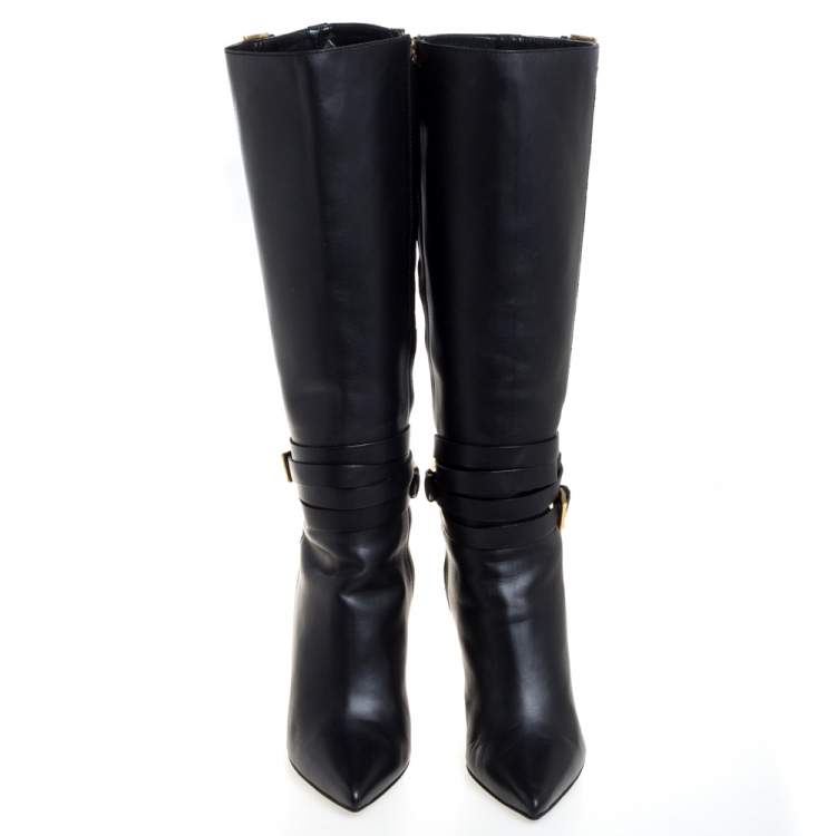 Pre Owned Burberry Black Leather and Novacheck Canvas Bridle Knee Boots Size 40