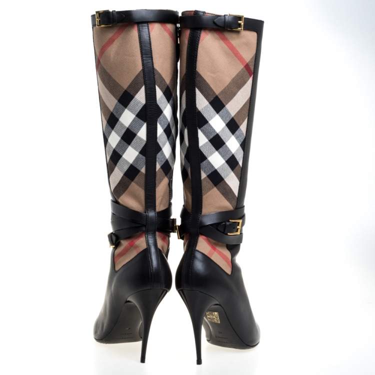 Pre Owned Burberry Black Leather and Novacheck Canvas Bridle Knee Boots Size 40