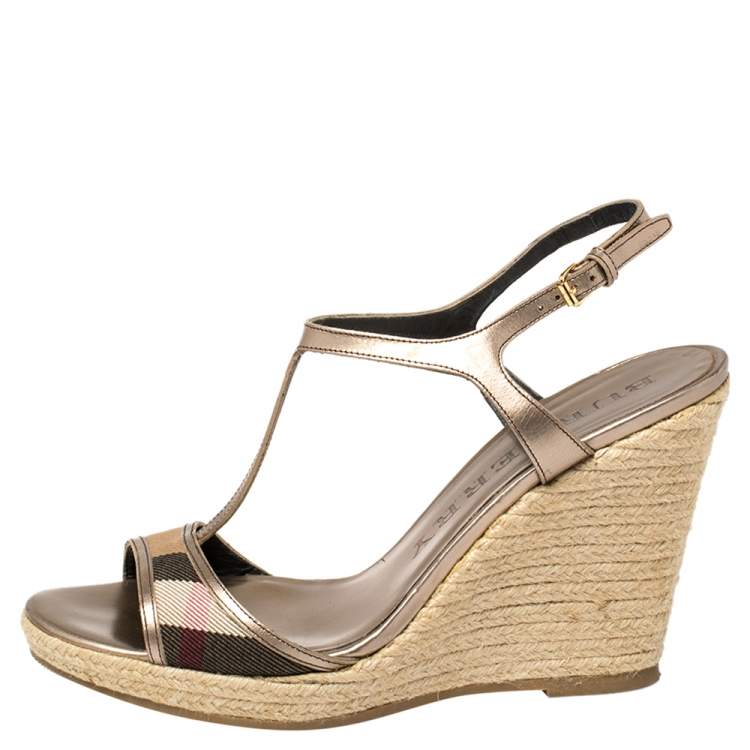 Pre Owned Burberry Metallic Bronze Leather And House Check Fabric T-Strap Espadrille Sandals Size 39