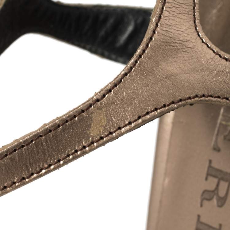 Pre Owned Burberry Metallic Bronze Leather And House Check Fabric T-Strap Espadrille Sandals Size 39
