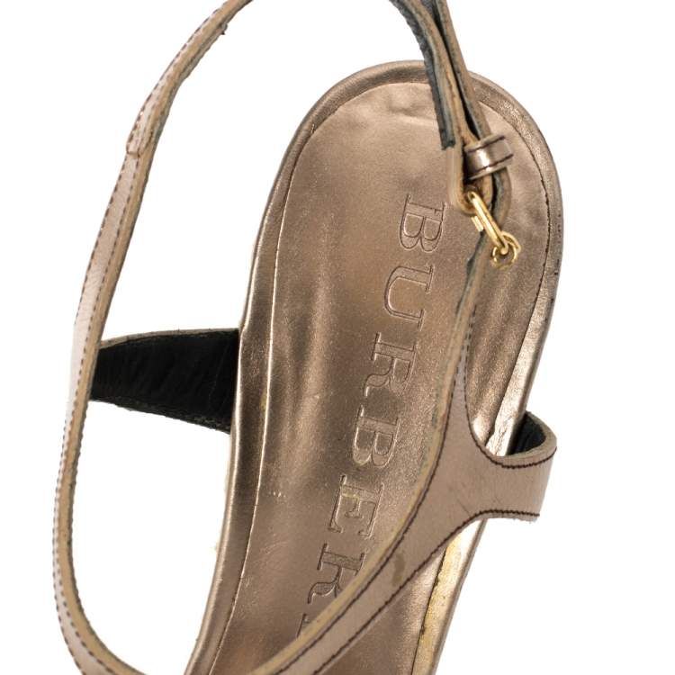 Pre Owned Burberry Metallic Bronze Leather And House Check Fabric T-Strap Espadrille Sandals Size 39