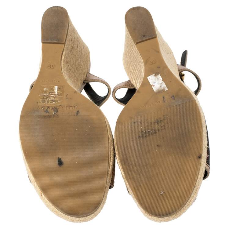 Pre Owned Burberry Metallic Bronze Leather And House Check Fabric T-Strap Espadrille Sandals Size 39