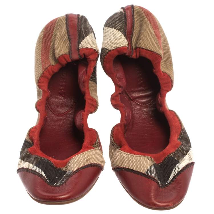 Pre Owned Burberry Beige House Check Canvas And Leather Scrunch Ballet Flats Size 41