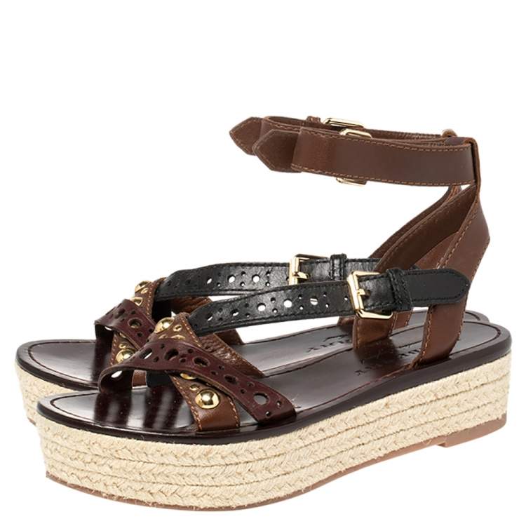 Pre Owned  Burberry  Brown Leather Perforated And Studded Espadrille Sandals Size 36.5