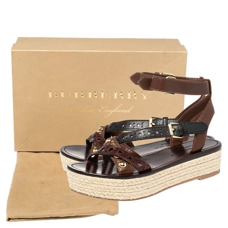 Pre Owned  Burberry  Brown Leather Perforated And Studded Espadrille Sandals Size 36.5