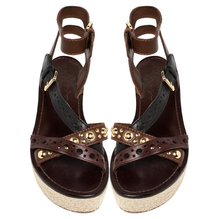 Pre Owned  Burberry  Brown Leather Perforated And Studded Espadrille Sandals Size 36.5