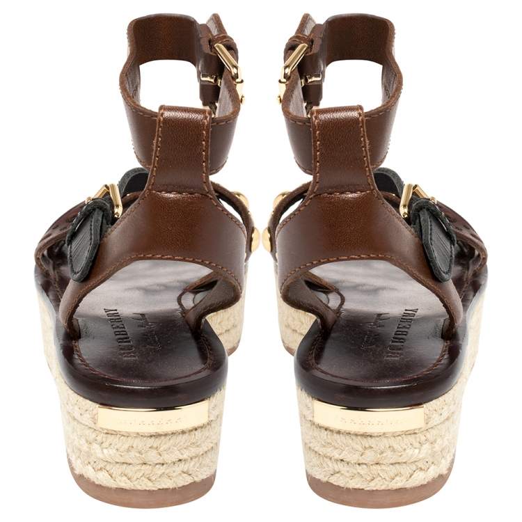 Pre Owned  Burberry  Brown Leather Perforated And Studded Espadrille Sandals Size 36.5