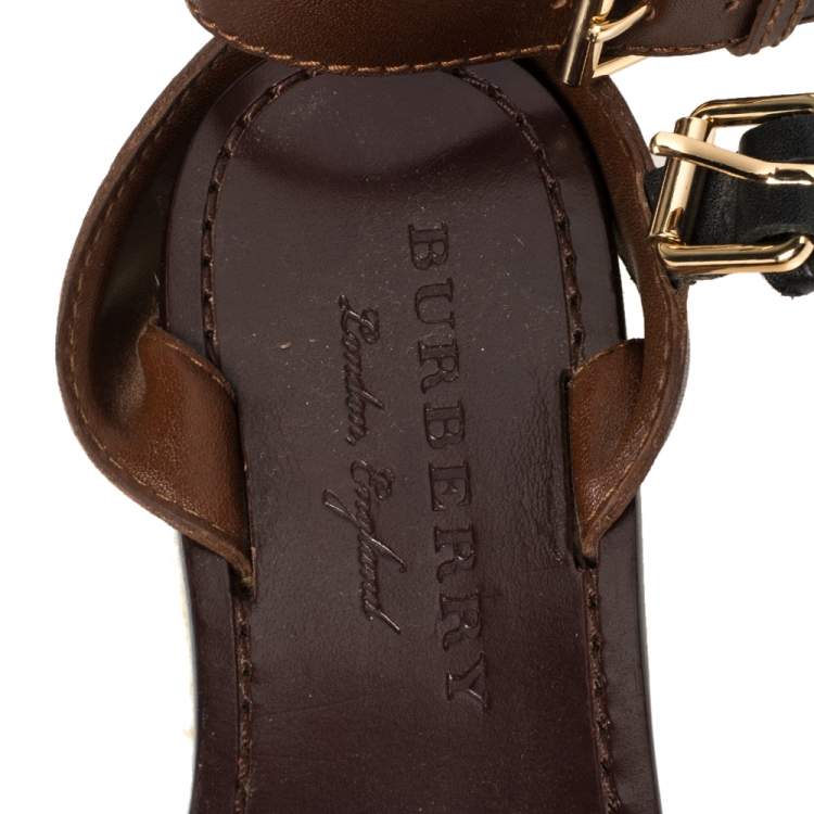 Pre Owned  Burberry  Brown Leather Perforated And Studded Espadrille Sandals Size 36.5