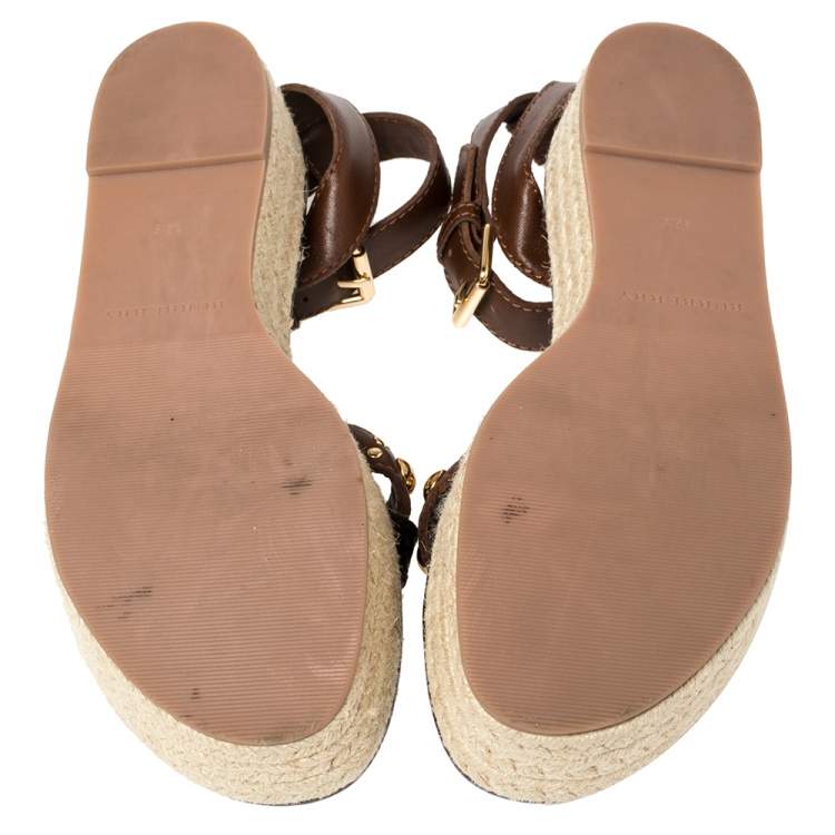 Pre Owned  Burberry  Brown Leather Perforated And Studded Espadrille Sandals Size 36.5