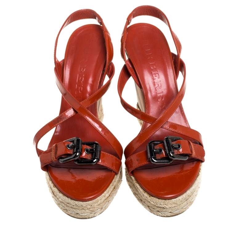 Pre Owned Burberry Burnt Orange Patent Leather and PVC Check Heel Wedge Sandals Size 38