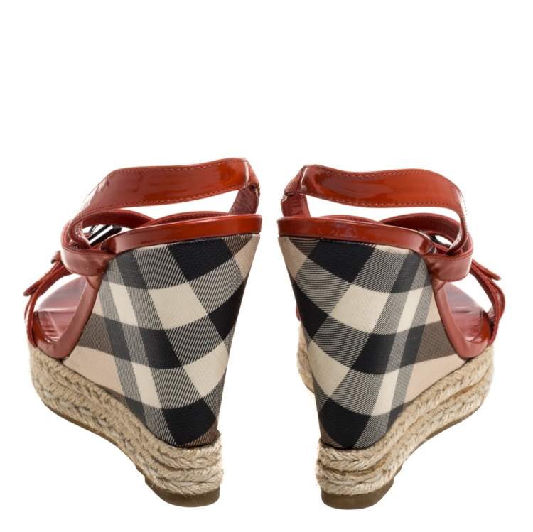 Pre Owned Burberry Burnt Orange Patent Leather and PVC Check Heel Wedge Sandals Size 38