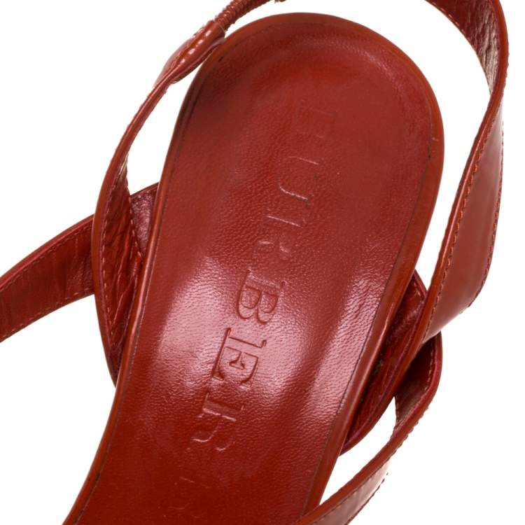 Pre Owned Burberry Burnt Orange Patent Leather and PVC Check Heel Wedge Sandals Size 38