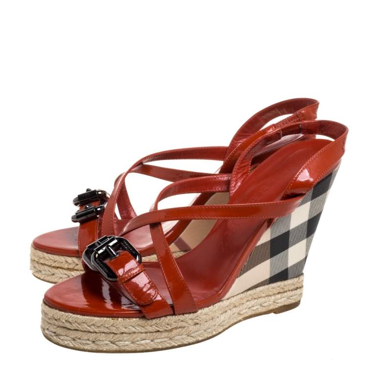 Pre Owned Burberry Burnt Orange Patent Leather and PVC Check Heel Wedge Sandals Size 38