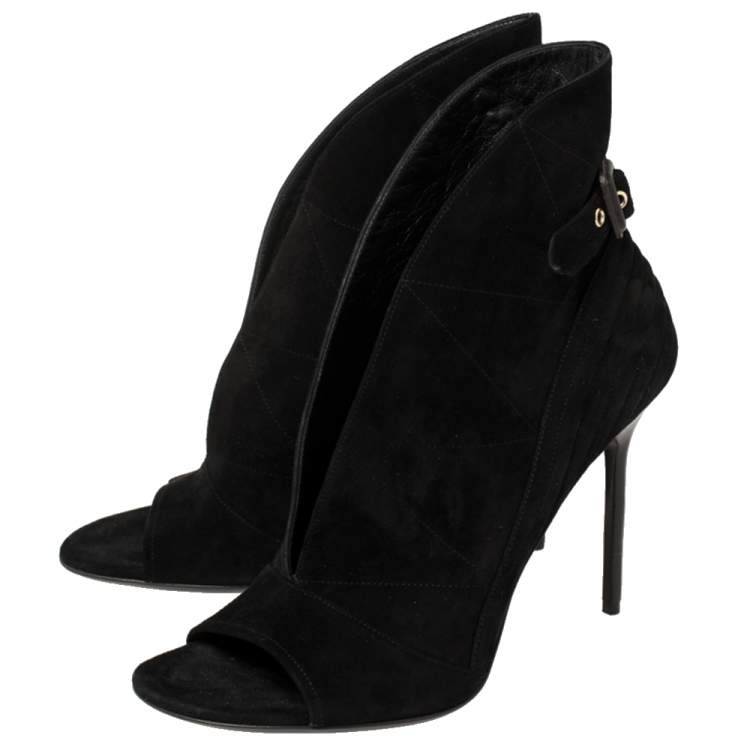 Pre Owned Burberry Black Suede V Neck Peep Toe Booties Size 39