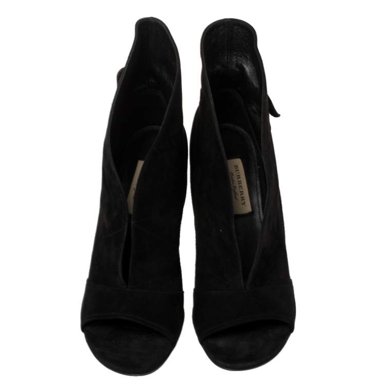 Pre Owned Burberry Black Suede V Neck Peep Toe Booties Size 39