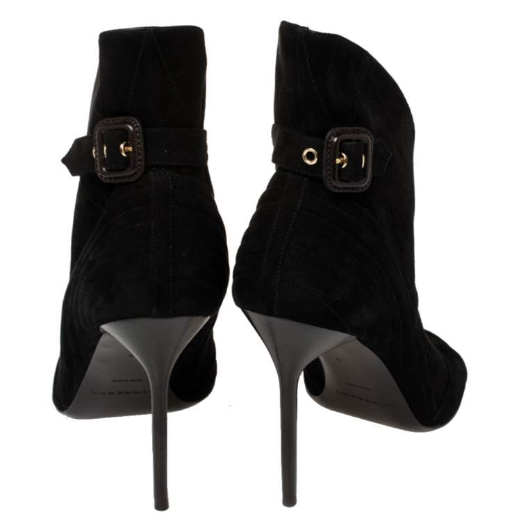 Pre Owned Burberry Black Suede V Neck Peep Toe Booties Size 39