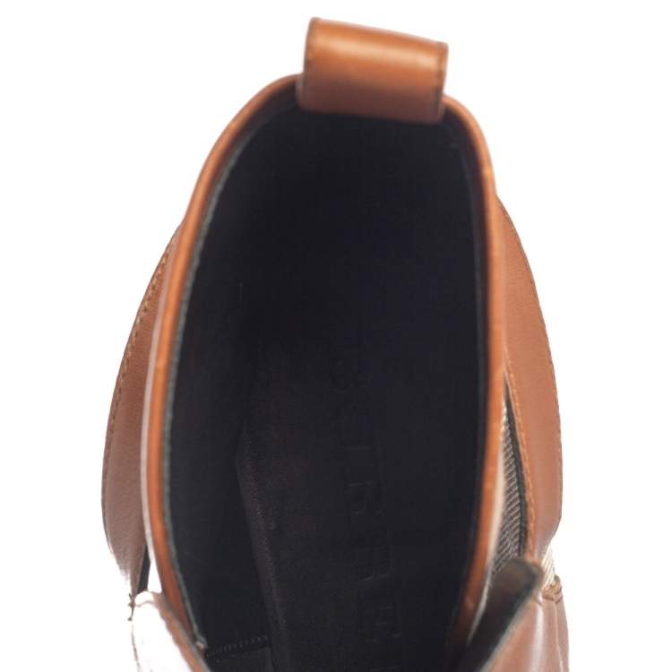 Pre Owned  Burberry Brown Leather And Canvas House Check Vaughan Flat Ankle Boots Size 37