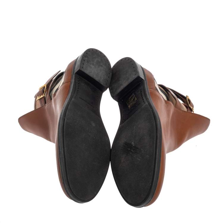 Pre Owned  Burberry Brown Leather And Canvas House Check Vaughan Flat Ankle Boots Size 37