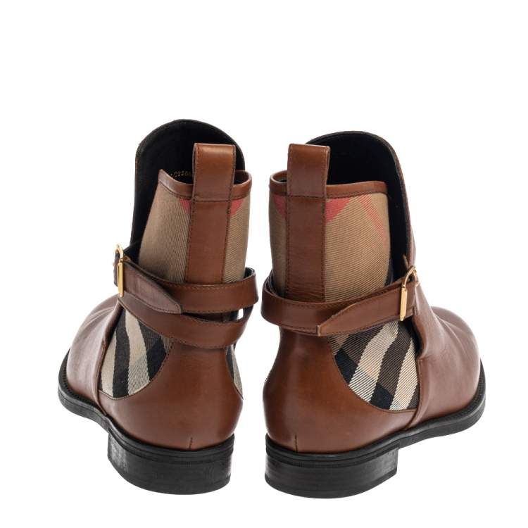 Pre Owned  Burberry Brown Leather And Canvas House Check Vaughan Flat Ankle Boots Size 37