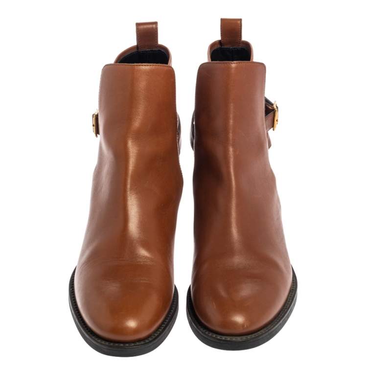 Pre Owned  Burberry Brown Leather And Canvas House Check Vaughan Flat Ankle Boots Size 37
