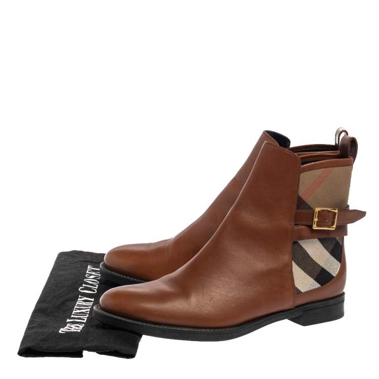 Pre Owned  Burberry Brown Leather And Canvas House Check Vaughan Flat Ankle Boots Size 37