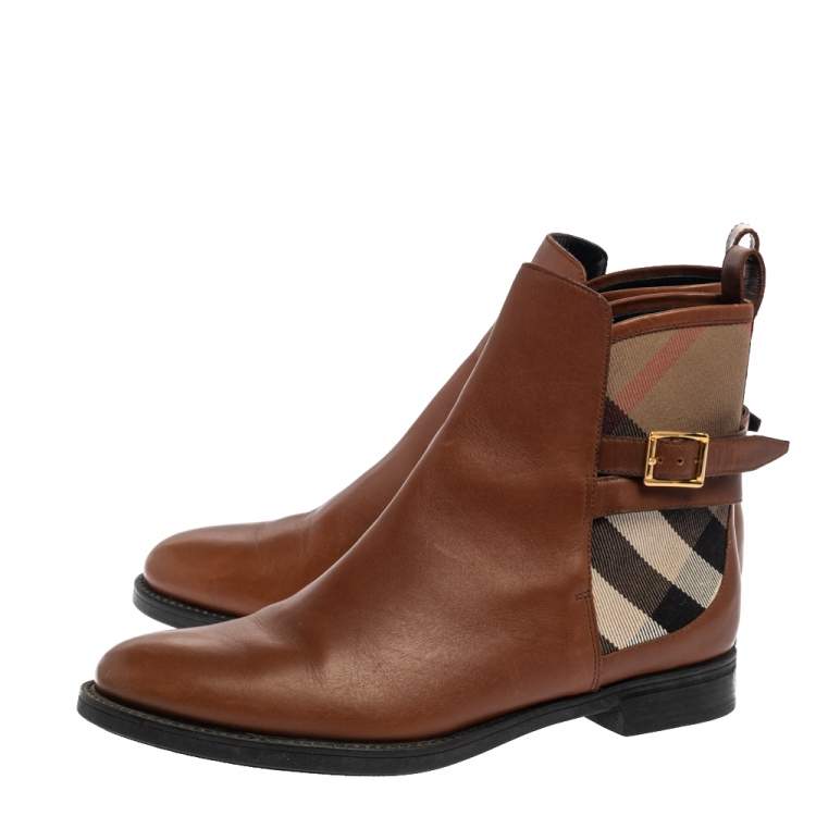 Pre Owned  Burberry Brown Leather And Canvas House Check Vaughan Flat Ankle Boots Size 37