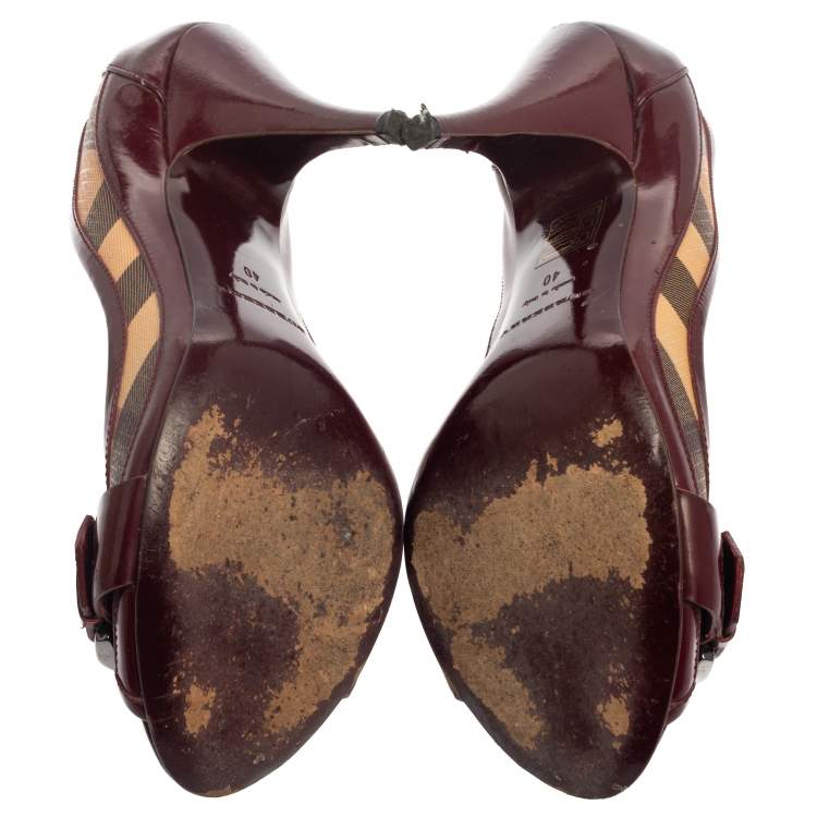Pre Owned Burberry Burgundy Nova Check PVC and Patent Leather Buckle Peep Toe Pumps Size 40